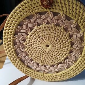 Woven Round Straw Crossbody Bag in Yellow and Tan